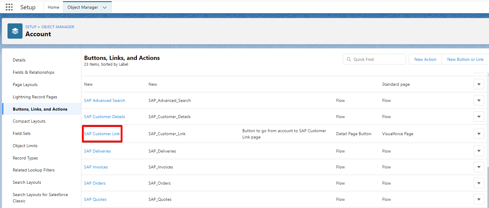 Buttons, Links, and Actions List: SAP Customer Link